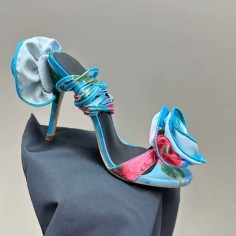 Peep Toe Gladiator Straps Rose Flower Decorated Stilettos Sandals - Blue Silk