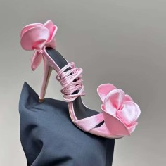 Peep Toe Gladiator Straps Rose Flower Decorated Stilettos Sandals - Pink Silk