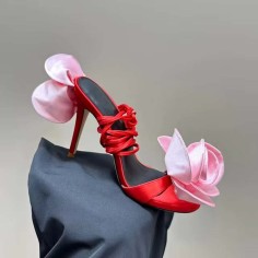 Peep Toe Gladiator Straps Rose Flower Decorated Stilettos Sandals - Red Pink Silk
