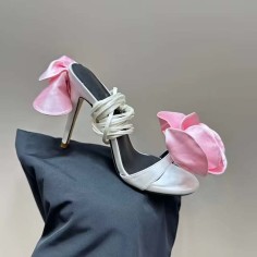 Peep Toe Gladiator Straps Rose Flower Decorated Stilettos Sandals - White Pink Silk