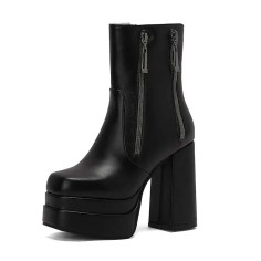 Square Toe Side Zipper Double Platforms Chunky Heels Ankle Highs Booties - Black Faux Leather