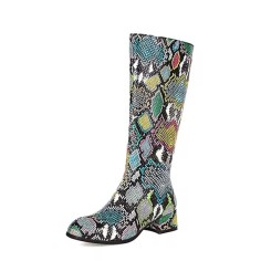 Round Toe Winter Style Chunky Heels Snake Print Knee Highs Zipper Boots - Blue Faux Leather