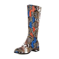 Round Toe Winter Style Chunky Heels Snake Print Knee Highs Zipper Boots - Brown Faux Leather