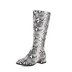 Round Toe Winter Style Chunky Heels Snake Print Knee Highs Zipper Boots - White Faux Leather