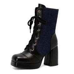 Square Toe Denim Patchwork Cross Tie Side Zipper Chunky Heels Boots - Black Faux Leather