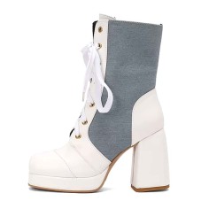 Square Toe Denim Patchwork Cross Tie Side Zipper Chunky Heels Boots - White Faux Leather