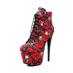 Round Toe Stiletto Heels Printed Platforms Lace Up Side Zipper Ankle Highs Boots - Red Fabric