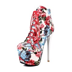 Round Toe Stiletto Heels Printed Platforms Lace Up Side Zipper Ankle Highs Boots - White Fabric