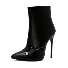 Pointed Toe Stiletto Heels Side Zipper Boots - Black Faux Leather
