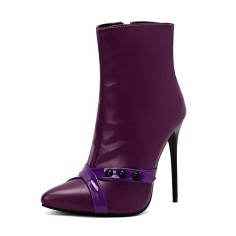 Pointed Toe Stiletto Heels Side Zipper Boots - Purple Faux Leather