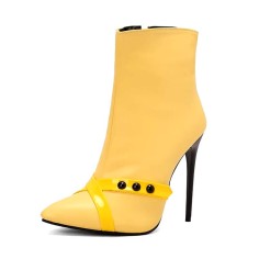Pointed Toe Stiletto Heels Side Zipper Boots - Yellow Faux Leather