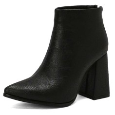 Autumn Winter Pointed Toe Back Zipper Ankle Highs Rustic Style Elegant Chunky Heels Booties - Black Faux Leather