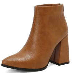 Autumn Winter Pointed Toe Back Zipper Ankle Highs Rustic Style Elegant Chunky Heels Booties - Brown Faux Leather
