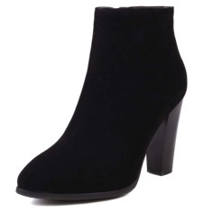 Autumn Winter Pointed Toe Side Zipper Ankle Highs Rustic Style Elegant Chunky Heels Booties - Black Flock