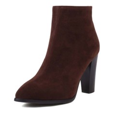 Autumn Winter Pointed Toe Side Zipper Ankle Highs Rustic Style Elegant Chunky Heels Booties - Brown Flock