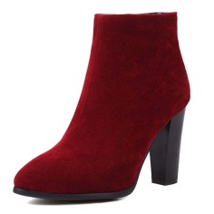 Autumn Winter Pointed Toe Side Zipper Ankle Highs Rustic Style Elegant Chunky Heels Booties - Wine Red Flock