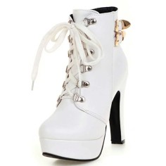 Round Toe Cuban Heels Low Platforms Ankle Highs  Lace Up Booties - White Faux Leather