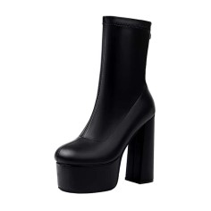 Round Toe Back Zipper Platforms Ankle Highs Chunky Heels Boots - Black Faux Leather