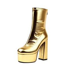 Round Toe Back Zipper Platforms Ankle Highs Chunky Heels Boots - Gold Faux Leather