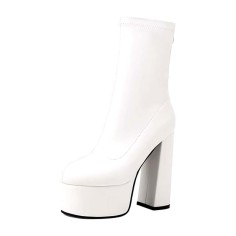 Round Toe Back Zipper Platforms Ankle Highs Chunky Heels Boots - White Faux Leather