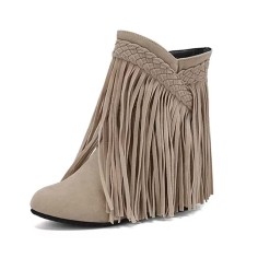 Round Toe Ankle Highs Fringed Flats Boots - Beige Flock