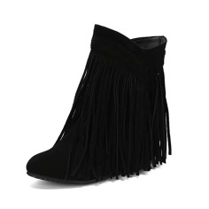 Round Toe Ankle Highs Fringed Flats Boots - Black Flock