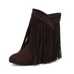 Round Toe Ankle Highs Fringed Flats Boots - Brown Flock