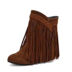 Round Toe Ankle Highs Fringed Flats Boots - Yellow Flock