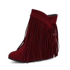 Round Toe Ankle Highs Fringed Flats Boots - Wine Flock