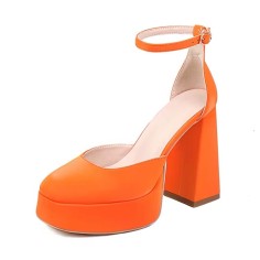 Round Toe Chunky Heels Classic Ankle Buckle Straps Platforms Pumps - Orange Faux Leather