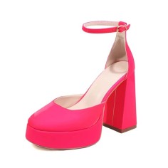 Round Toe Chunky Heels Classic Ankle Buckle Straps Platforms Pumps - Rose Faux Leather