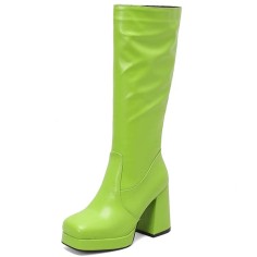 Square Toe Chunky Heels Low Platforms Knee Highs Zipper Pastel Color Booties - Green Faux Leather