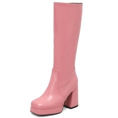 Square Toe Chunky Heels Low Platforms Knee Highs Zipper Pastel Color Booties - Pink Faux Leather