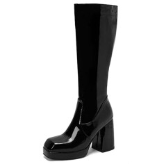 Square Toe Chunky Heels Low Platforms Knee Highs Zipper  Booties - Black Patent