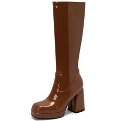 Square Toe Chunky Heels Low Platforms Knee Highs Zipper  Booties - Brown Patent