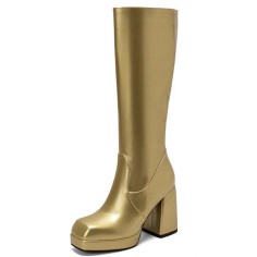 Square Toe Chunky Heels Low Platforms Knee Highs Zipper  Booties - Gold Patent