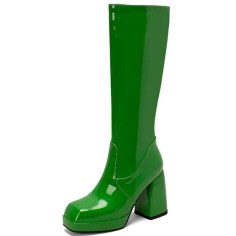 Square Toe Chunky Heels Low Platforms Knee Highs Zipper  Booties - Green Patent
