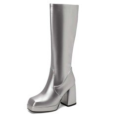Square Toe Chunky Heels Low Platforms Knee Highs Zipper  Booties - Silver Patent