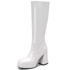 Square Toe Chunky Heels Low Platforms Knee Highs Zipper  Booties - White Patent