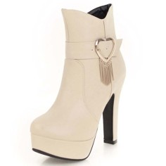Round Toe Cuban Heels Low Platforms Ankle Highs Ankle Buckle Heart Straps Booties - Beige Faux Leather