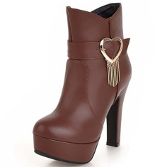 Round Toe Cuban Heels Low Platforms Ankle Highs Ankle Buckle Heart Straps Booties - Brown Faux Leather