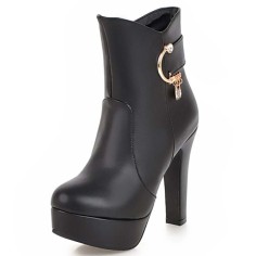Round Toe Cuban Heels Low Platforms Ankle Highs  Rhinestones Booties - Black Faux Leather