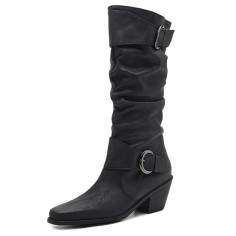 Pointed Toe Knee Highs Buckle Straps Western Cowboy Style Chunky Heels Pull On Boots - Black Flock