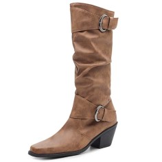 Pointed Toe Knee Highs Buckle Straps Western Cowboy Style Chunky Heels Pull On Boots - Brown Flock