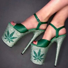 Peep Toe Stiletto Heels Leave Decorated Platforms Glitters Ankle Straps Sandals Pumps - Green Faux Leather