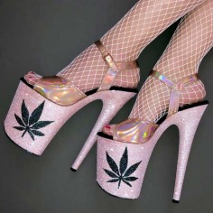 Peep Toe Stiletto Heels Leave Decorated Platforms Glitters Ankle Straps Sandals Pumps - Pink Gold Patent
