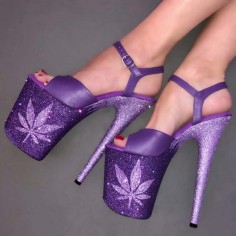 Peep Toe Stiletto Heels Leave Decorated Platforms Glitters Ankle Straps Sandals Pumps - Purple Faux Leather