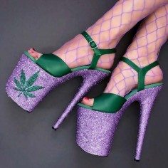 Peep Toe Stiletto Heels Leave Decorated Platforms Glitters Ankle Straps Sandals Pumps - Purple Green Faux Leather