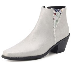 Pointed Toe Faux Pearls Decorated Flower Pattern Boots - White Microfiber