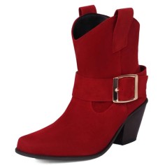Pointed Toe Buckle Straps Ankle Highs Western Cowboy Style Chunky Boots - Red Flock